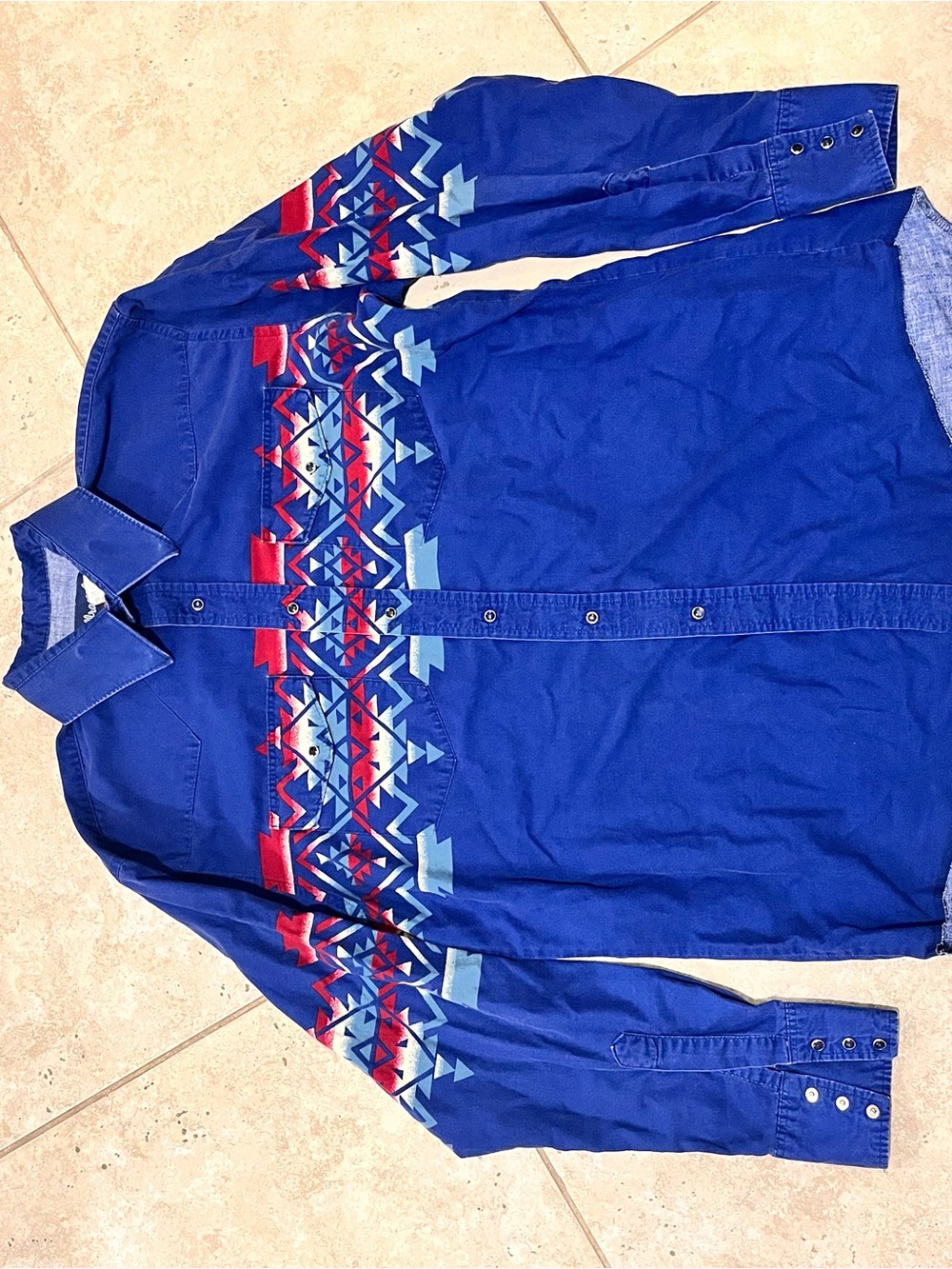 Wrangler TRUE Brushpopper Pearl Snap Blue Aztec Western Navajo XL EUC RARE - Picture 2 of 5